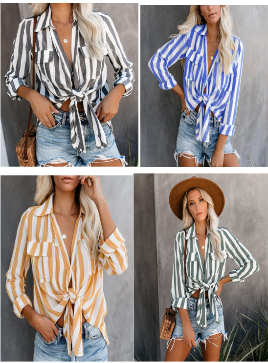 Women's Fast Fashion Casual Tie Two Wear Long Sleeve Striped Shirt