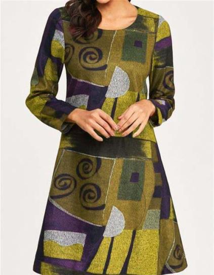 Printed Base Skirt Color Matching Long Sleeve Dress