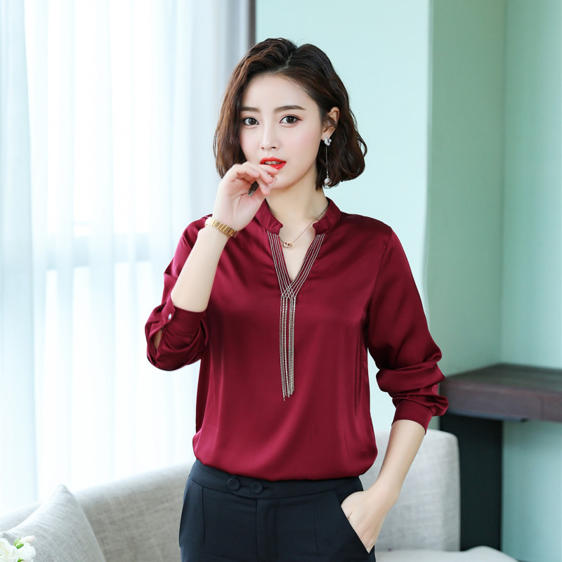 Stretch Satin Shirt Non-Iron V-neck Fringed White Shirt