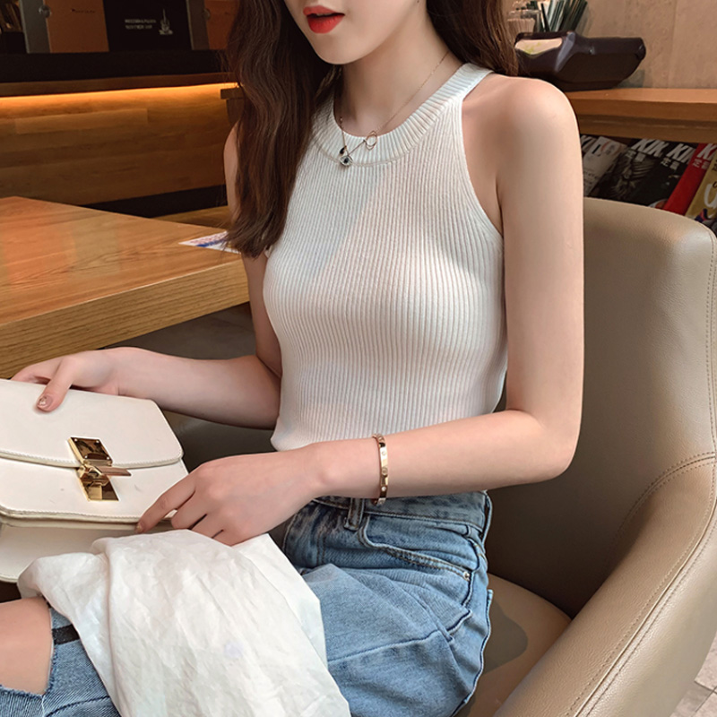 Short Knitted Ice Silk Sleeveless T-shirt With Halter Inside