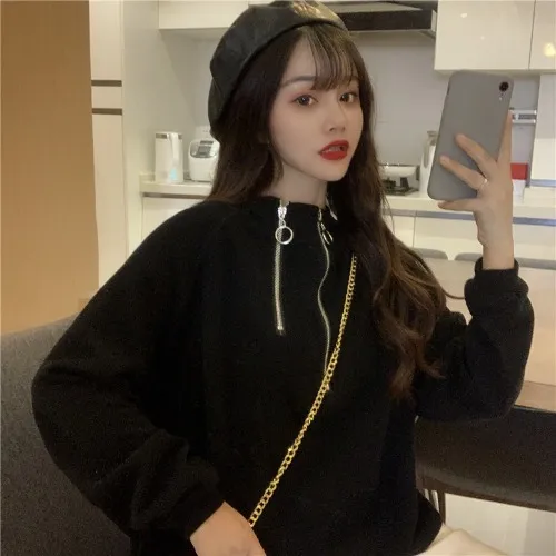 Short Stand Collar Drawstring Waist Long Sleeve Top Black - Shop at LoveMi