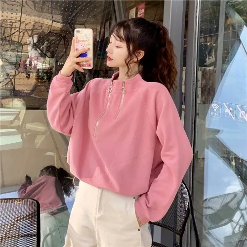 Short Stand Collar Drawstring Waist Long Sleeve Top Pink - Shop at LoveMi
