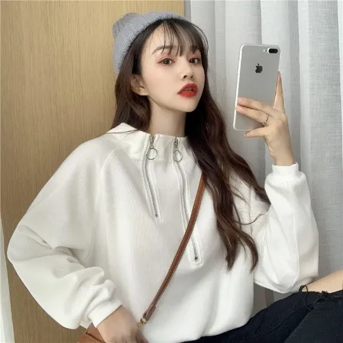 Short Stand Collar Drawstring Waist Long Sleeve Top White - Shop at LoveMi