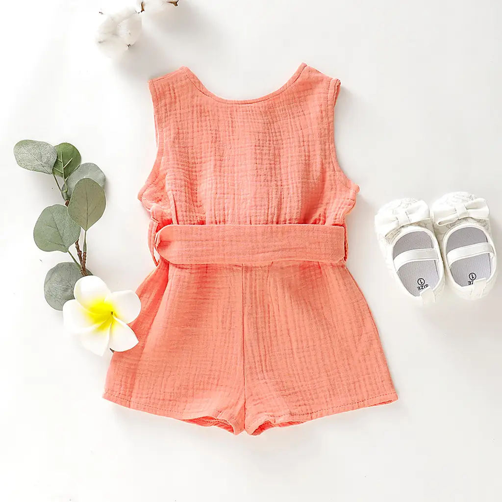 Toddler Sleeveless Cotton Jumpsuit with Bow Belt and Button Front