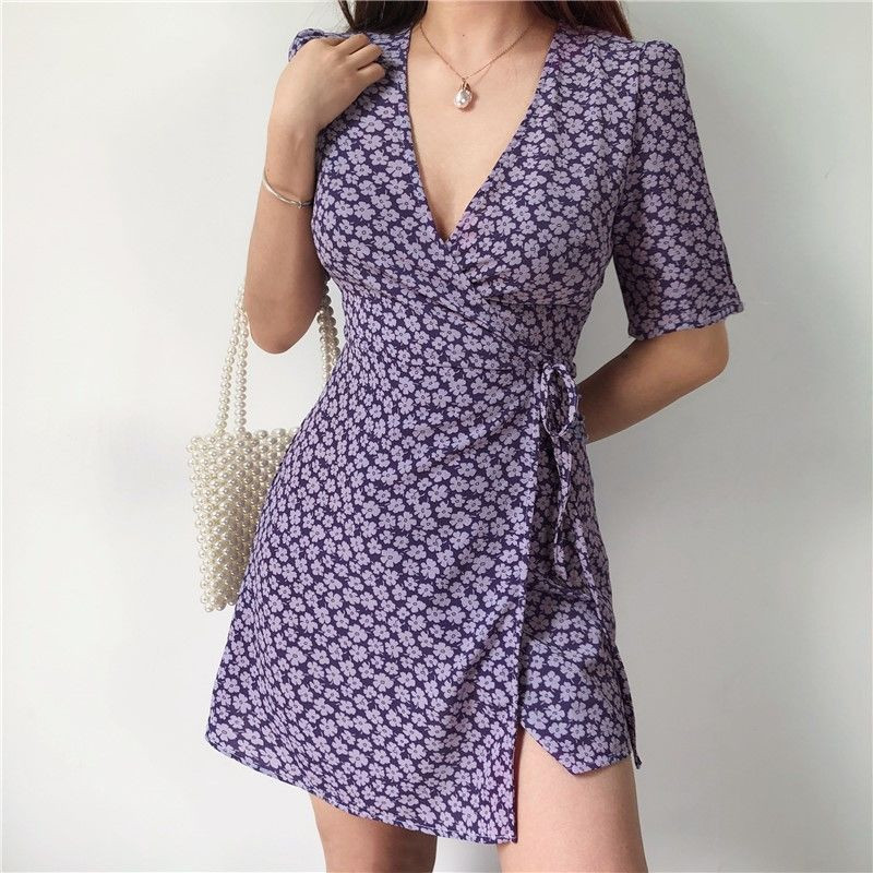 Printed Wrap Lace Short-Sleeved Floral Dress