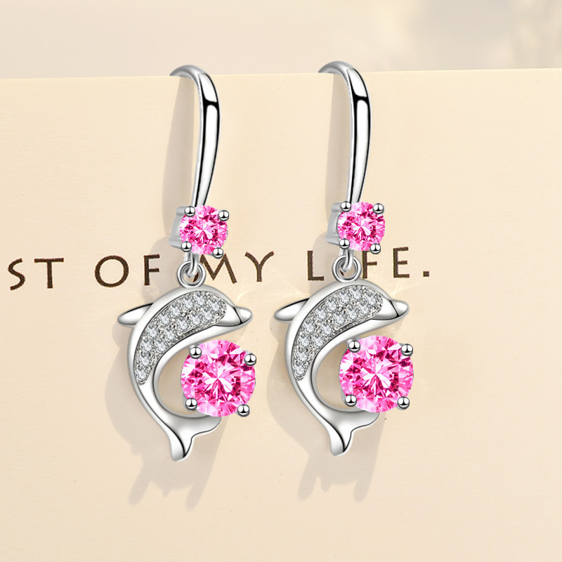 S925 Silver Temperament Micro-inlaid Dolphin Long Earrings
