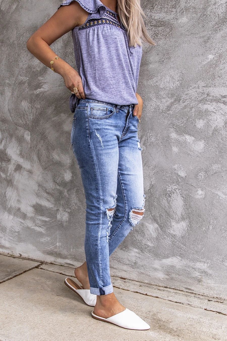 Ripped Retro Full-Jet Stretch Small Straight Jeans