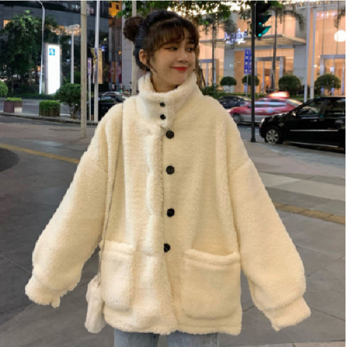 Women's Loose and Thin Warm Plush Stand Collar Coat