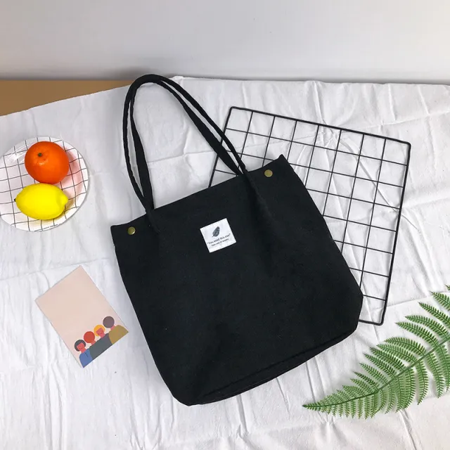 Corduroy Snap Button Canvas Large Capacity Female Bag Black - Shop at LoveMi