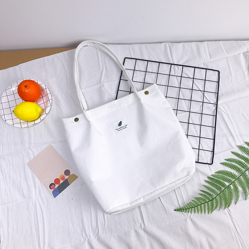 Corduroy Snap Button Canvas Large Capacity Female Bag White - Shop at LoveMi
