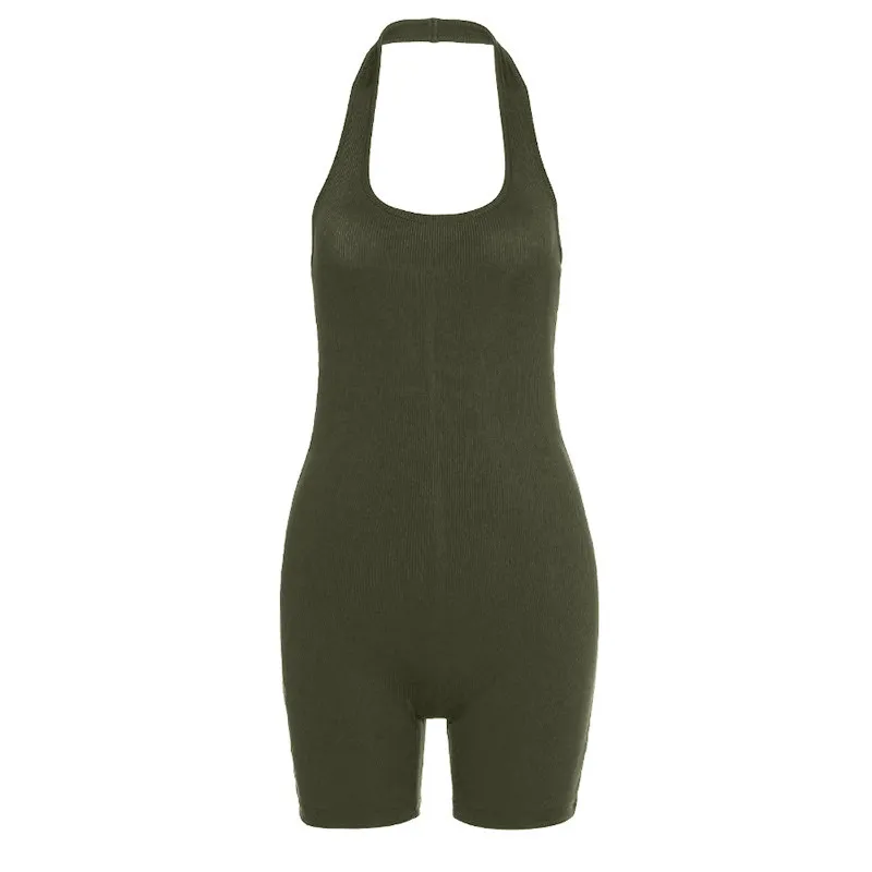 Pure Color Sexy Halter Short Sports Jumpsuit - Green