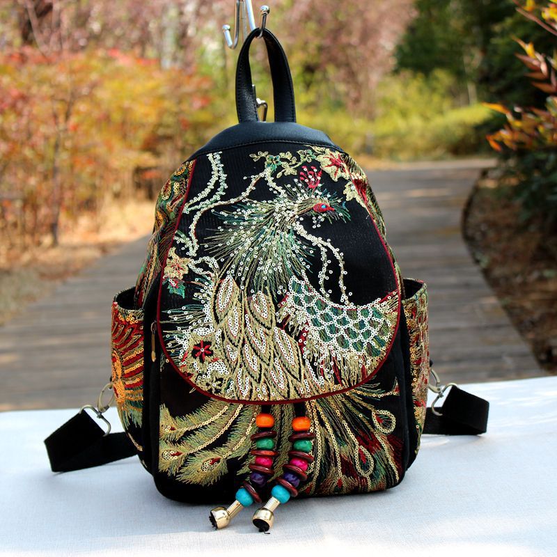Ethnic Style Embroidery Bag Sequins Retro Handbags Phoenix Peony Fashion School Bag — image 1