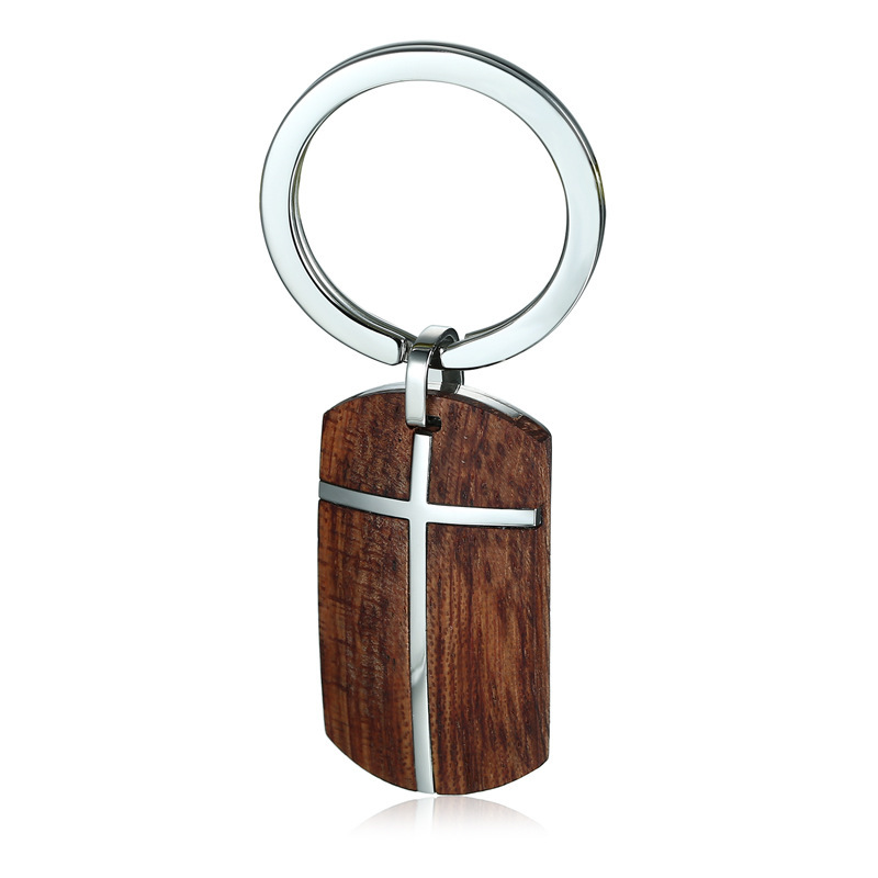 Stainless Steel Rosewood Cross Keychain