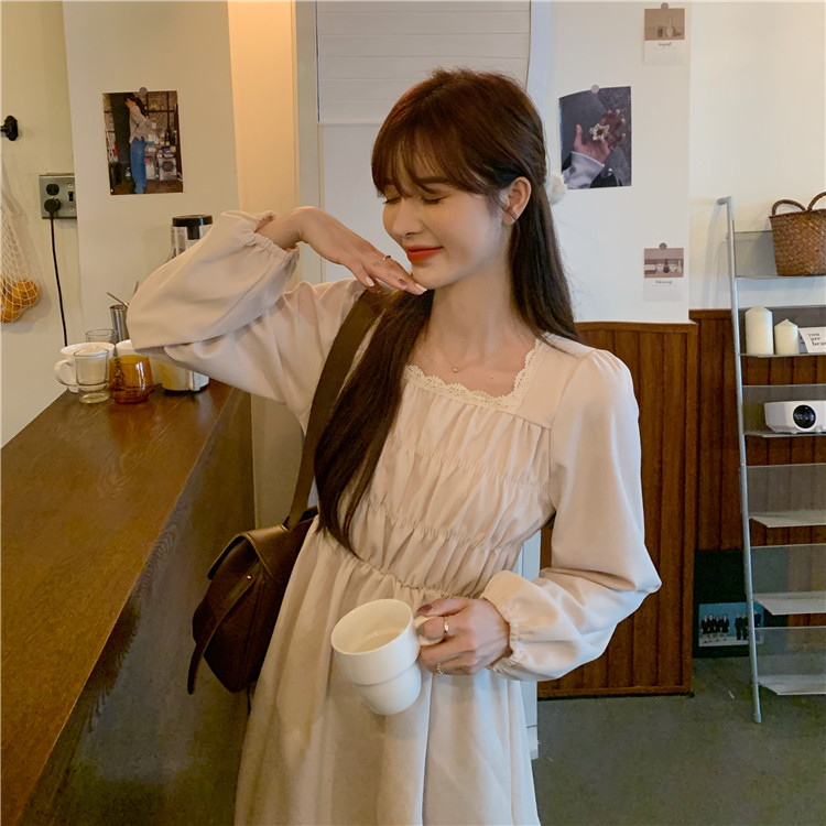 New Women's Skirt Lace Square Collar Long Sleeve Dress