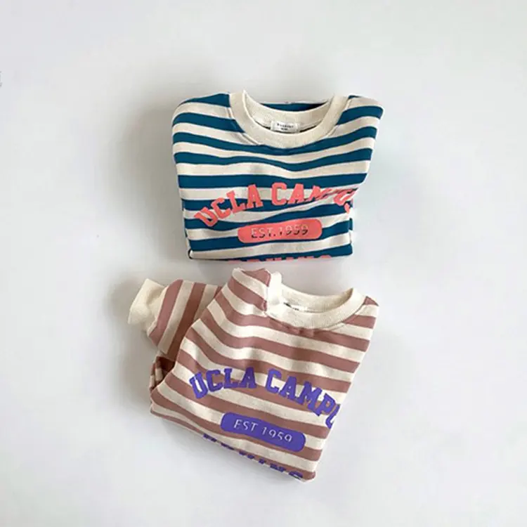 Round Neck Hoodie Baby Long Sleeves Striped Monogram Jumpsuit