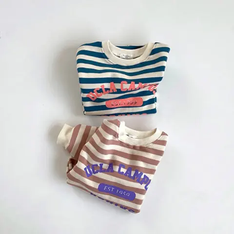 Round Neck Hoodie Baby Long Sleeves Striped Monogram Jumpsuit