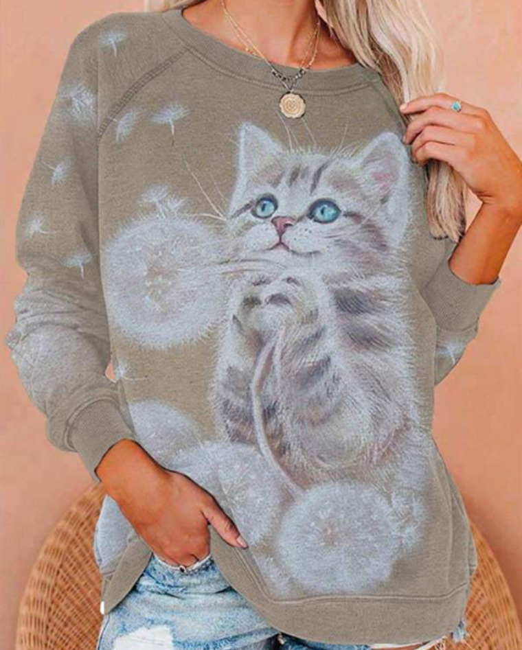 Cat Print Ladies Loose Round Neck Sweater