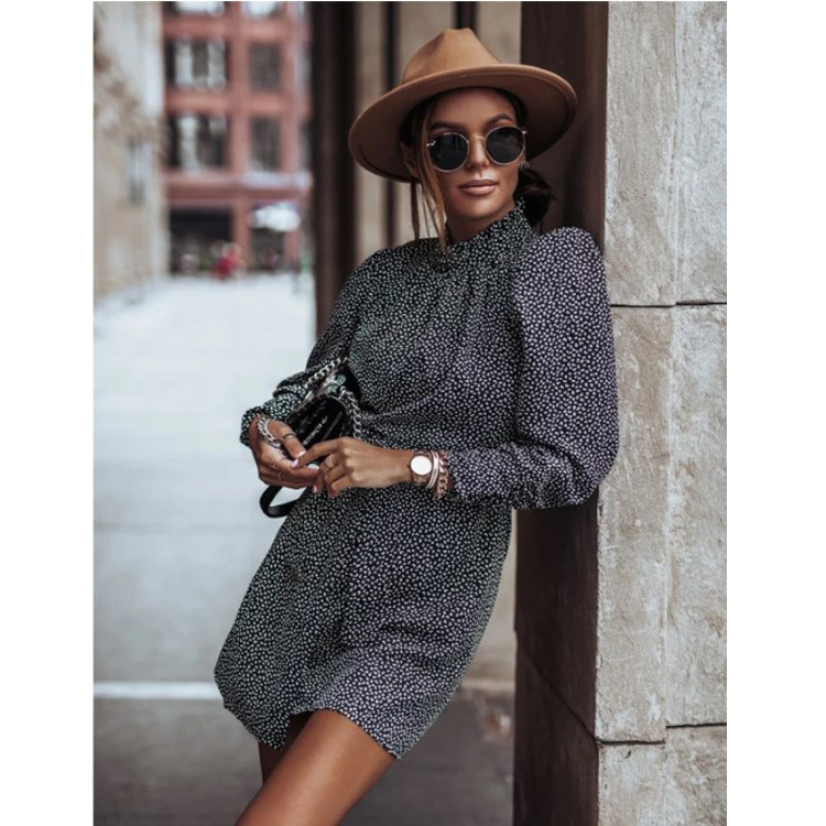 New Leopard Print Dress Fashion Slim Pleated Turtleneck Shirt Dress