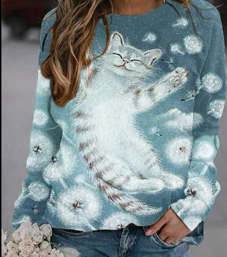 European And American Cross-Border Hot Style Cartoon Cat Striped Casual Collar