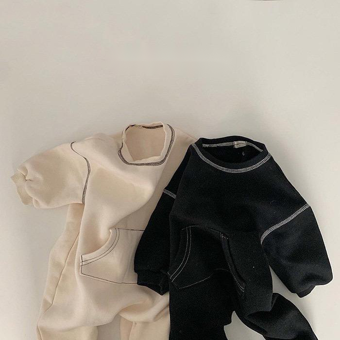 Baby Long Sleeve Romper with Contrast Stitching and Front Pocket