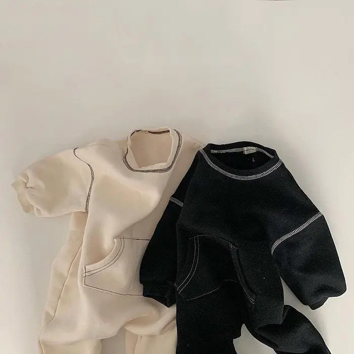 Baby Long Sleeve Romper with Contrast Stitching and Front Pocket