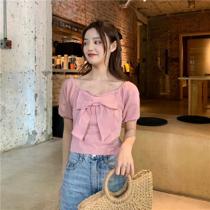 Big Bow Loose Short Candy Color Sweater Short Sleeves