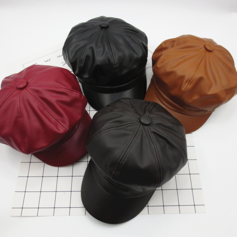 The Same Octagonal Hat Beret Retro Ladies PU Leather Cap