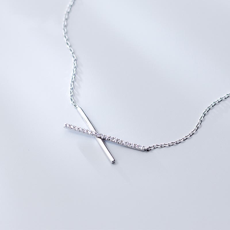 S925 Silver Simple Diamond-Studded Cross-Line Short Clavicle Chain