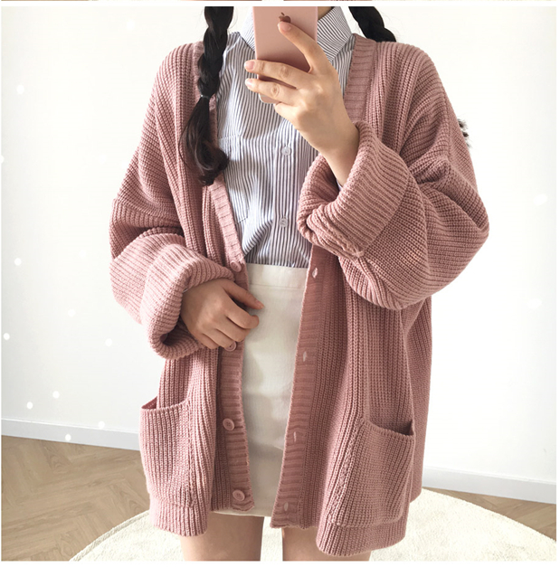 Solid Color Loose Pocket Single Breasted Mid Length Knitted Cardigan Sweater Women