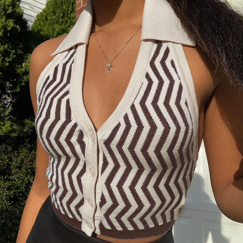 Sexy Fashion Strapless Lapels Halter Vest Wavy Striped Halter Vest
