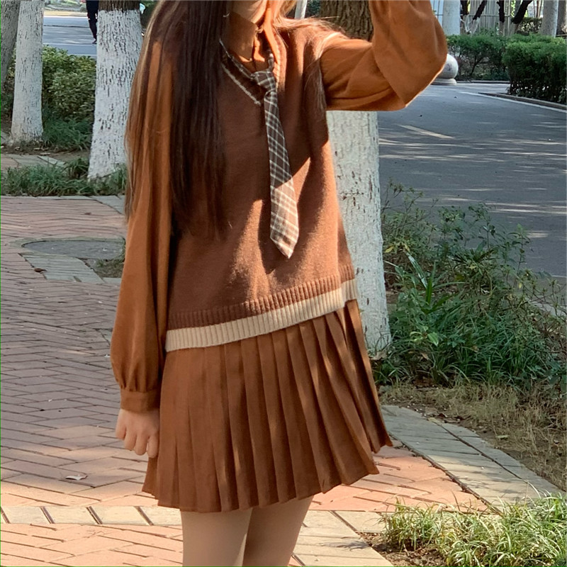 Temperament Shirt Sweater Vest Two-piece Pleated Dress