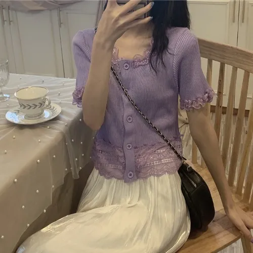 New Girl Hollow Lace Stitching Slim V neck Short Sleeves Purple - Shop at LoveMi