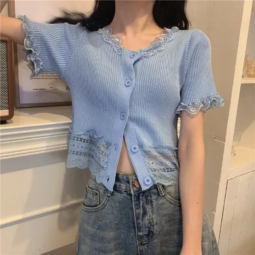 New Girl Hollow Lace Stitching Slim V neck Short Sleeves Blue - Shop at LoveMi