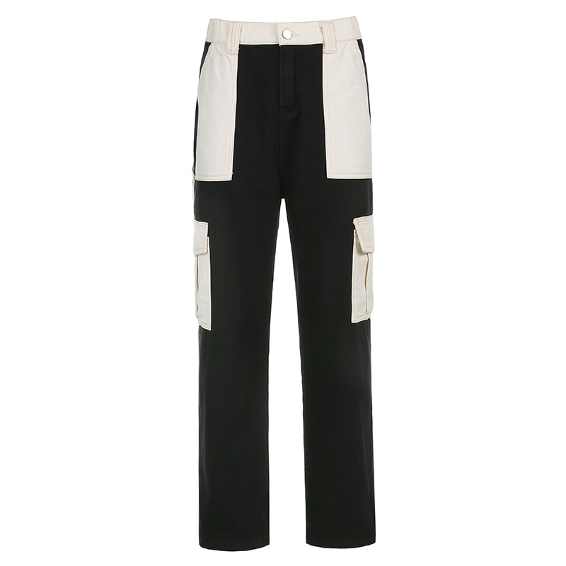 High Waist Contrast Stitching Multi pocket Loose Jeans White - Shop at LoveMi