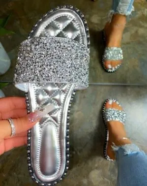 Women Rhinestone Bling Sandals Outdoor Wild Slippers Silver - Shop at LoveMi