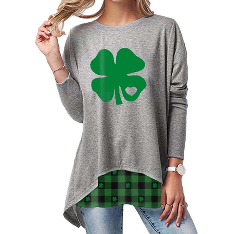 Printed Stitching Irregular Round Neck Long Sleeve T-shirt