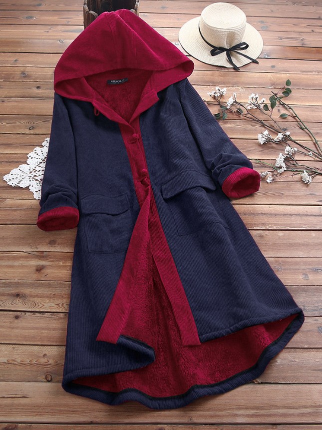 Hooded Patch Quilted Wool Corduroy Long Coat