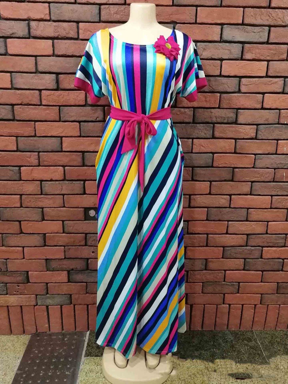 Color Striped Bat Sleeves Belted And Floor-length Dress