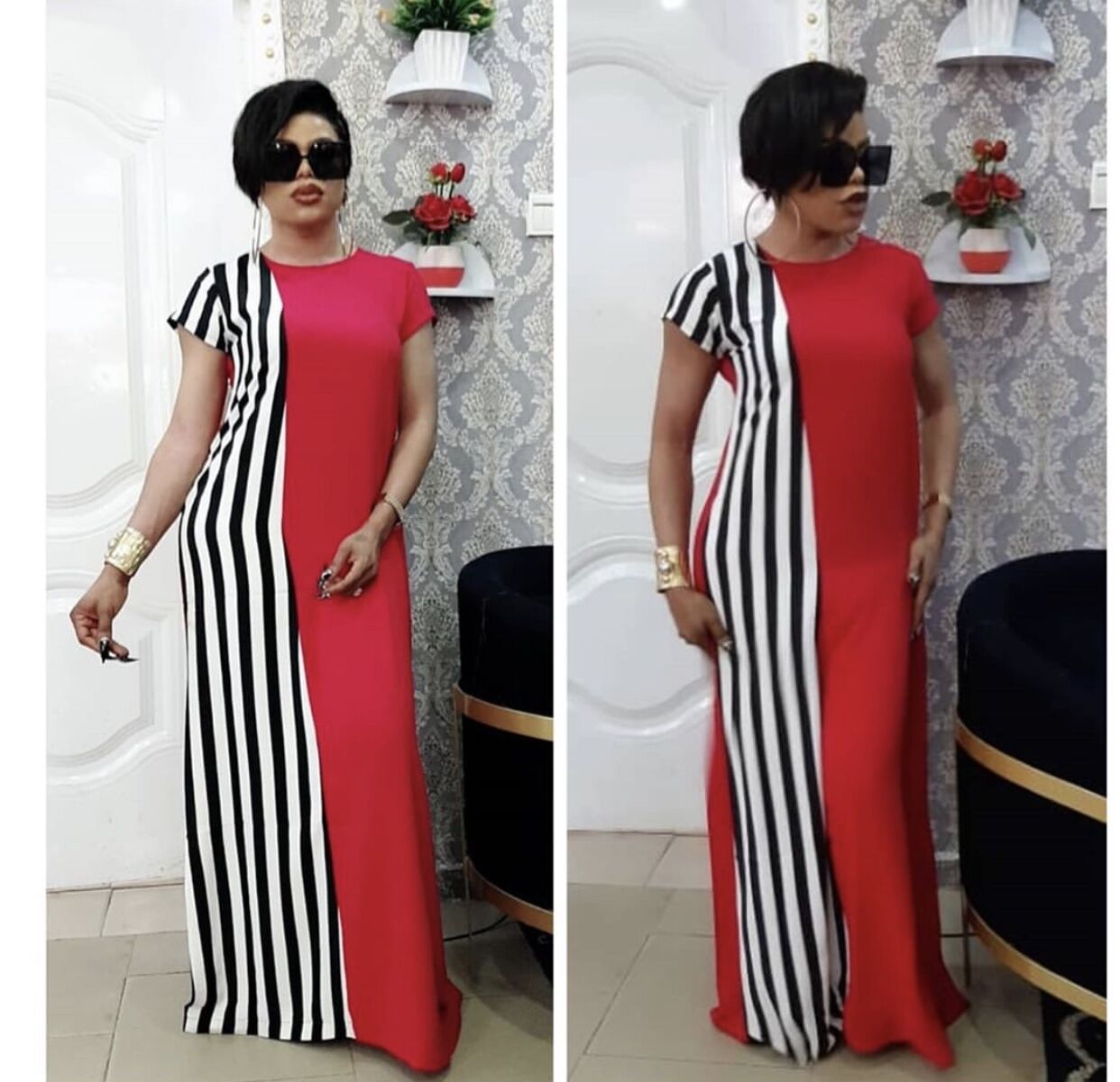 African Fat Mother Wear Striped Stitching Commuter Plus Size Loose Dress