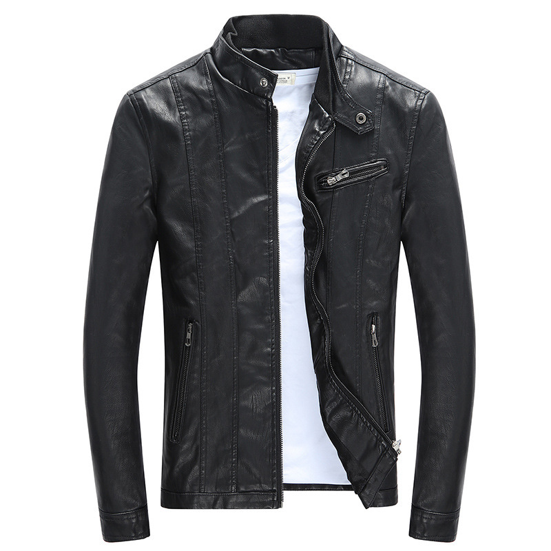 Men's Stand Collar Slim Short PU Motorcycle Leather Jacket