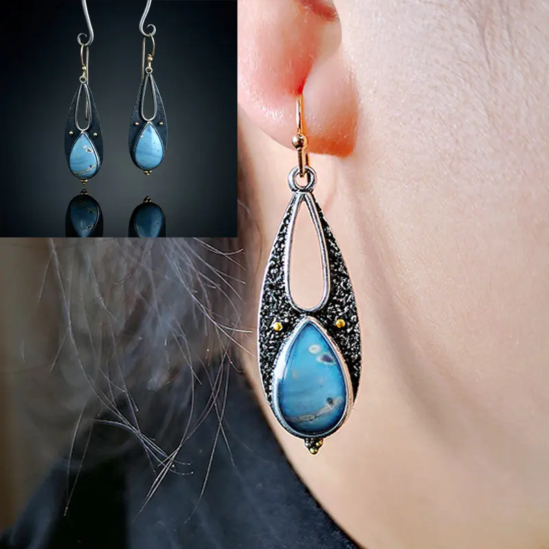 Vintage Tear Drop Blue Resin Earrings for Women Boho