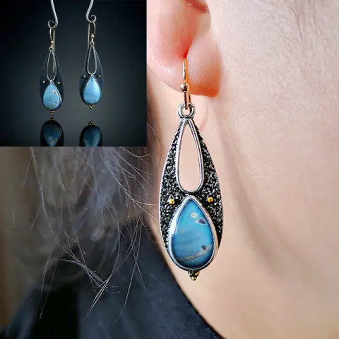Vintage Tear Drop Blue Resin Earrings for Women Boho