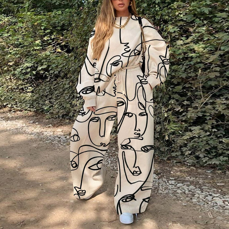 Casual Round Neck Loose Print Women's Sweater Suit