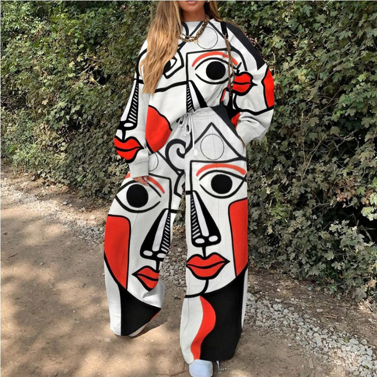 Casual Round Neck Loose Print Women's Sweater Suit