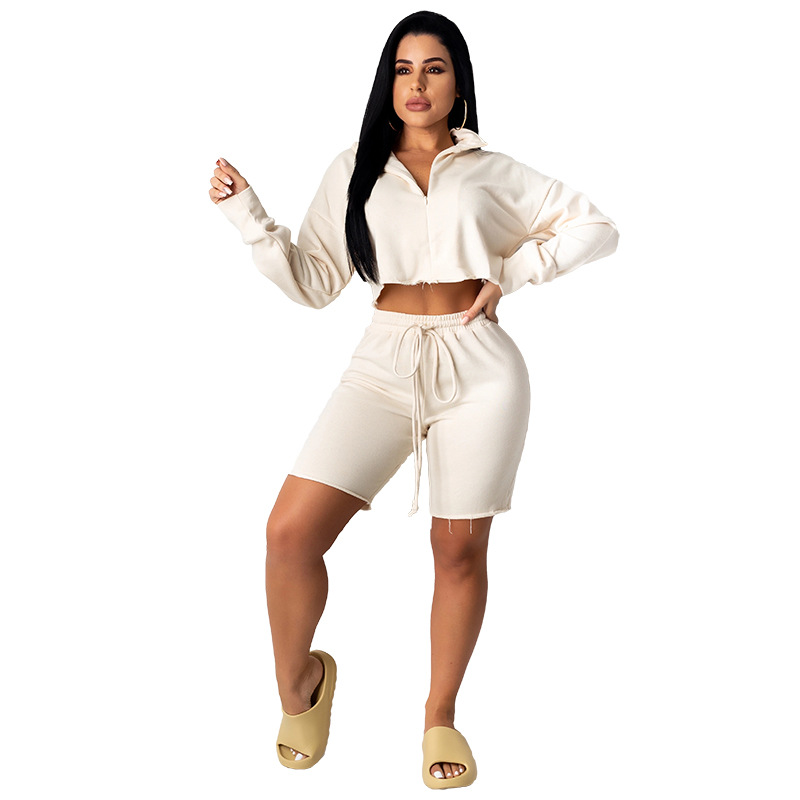 Women's Zipper Cardigan Stand-Collar Solid Color Sports Casual Sweater Suit