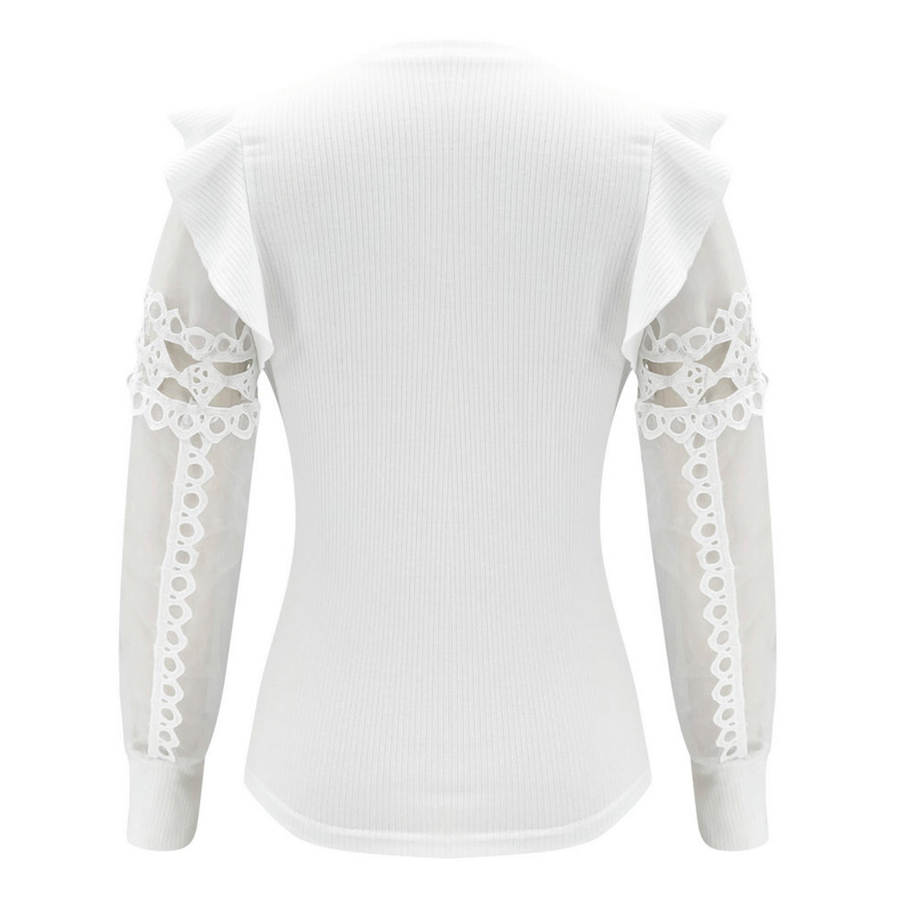 Women's White Mesh Stitching Knitted Top With Wood Ears
