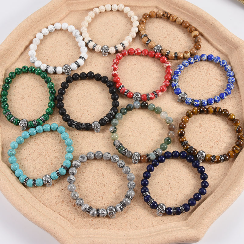 Fashion Stainless Steel Skull Head Natural Stone Bracelet