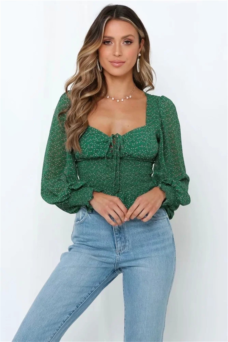 Women's Sexy Show Chest Fashion Print Short Chiffon Shirt Early Autumn