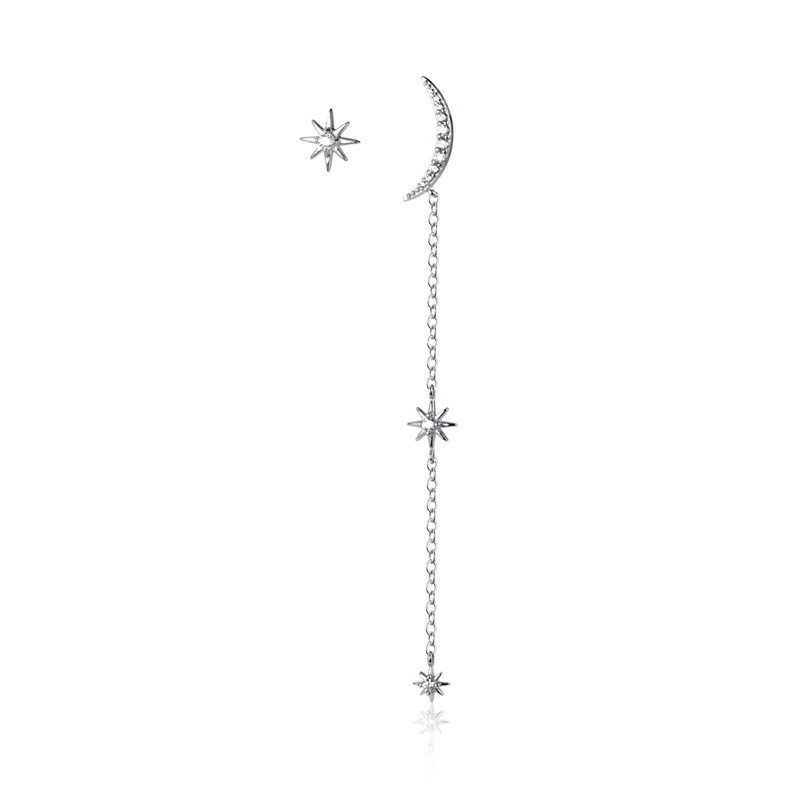 S925 Silver Earrings Female Asymmetric Diamond Design Star Moon Earrings