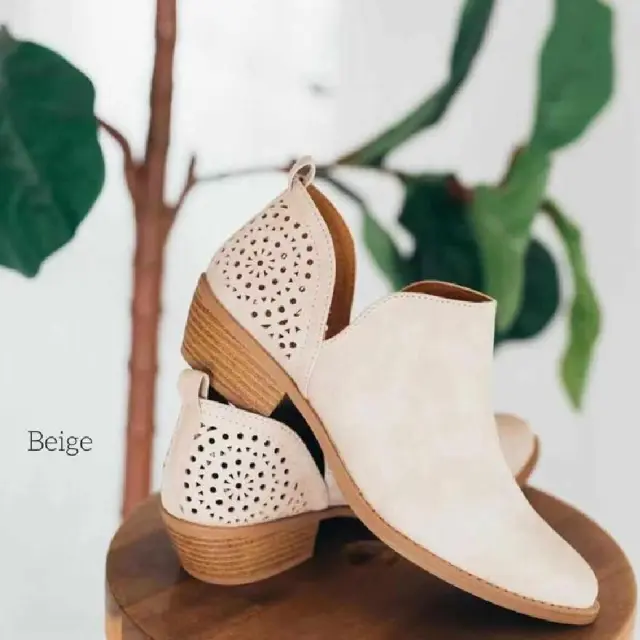Women Shoes Retro Mesh Ankle Square Heels Boots Female Slip On Mid Heels Casual Botas Beige - Shop at LoveMi